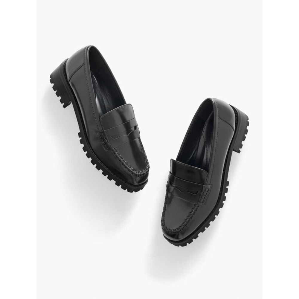 NWOT Talbots Lug Leather Penny Loafers Women Size 10 Black Preppy Dark Academia
